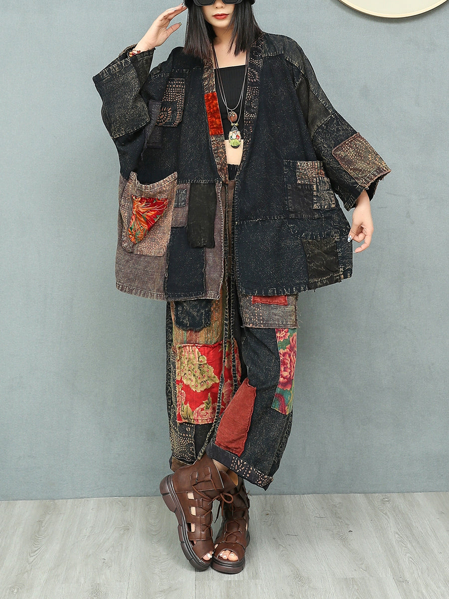 Women Autumn Ethnic Patchwork V-Neck Loose Cotton Suits