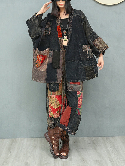 Women Autumn Ethnic Patchwork V-Neck Loose Cotton Suits