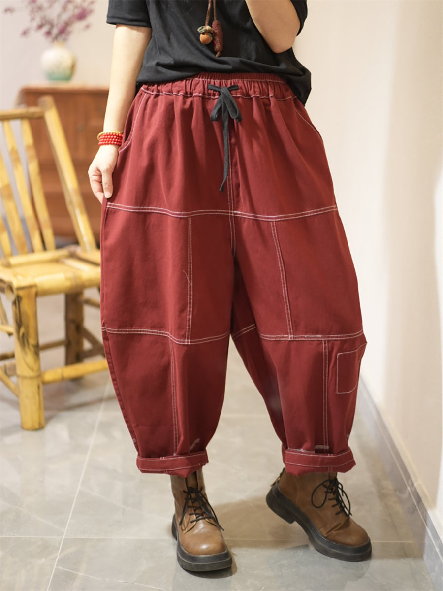 Women Autumn Pure Color Spliced Cotton Bloomers