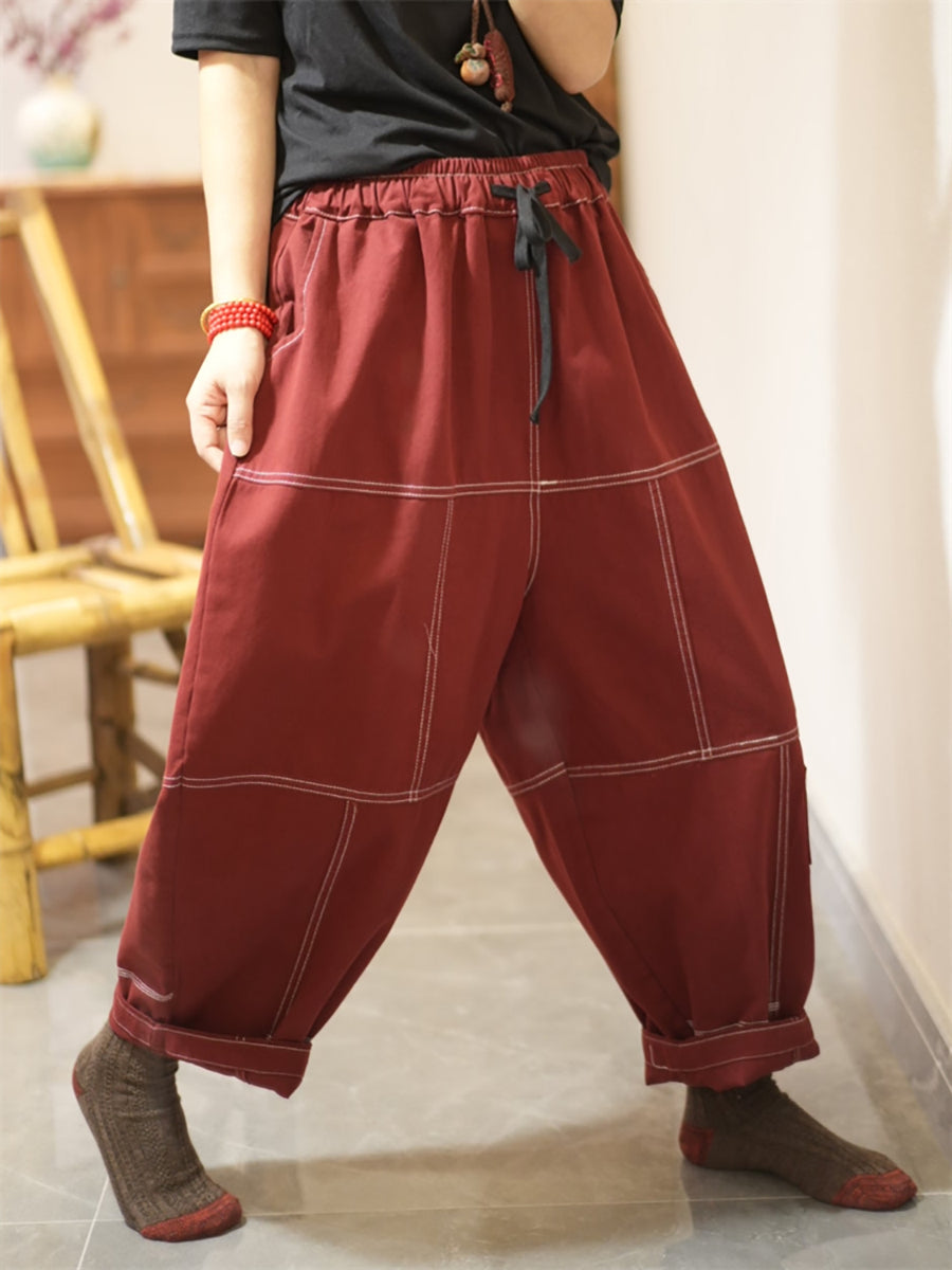 Women Autumn Pure Color Spliced Cotton Bloomers