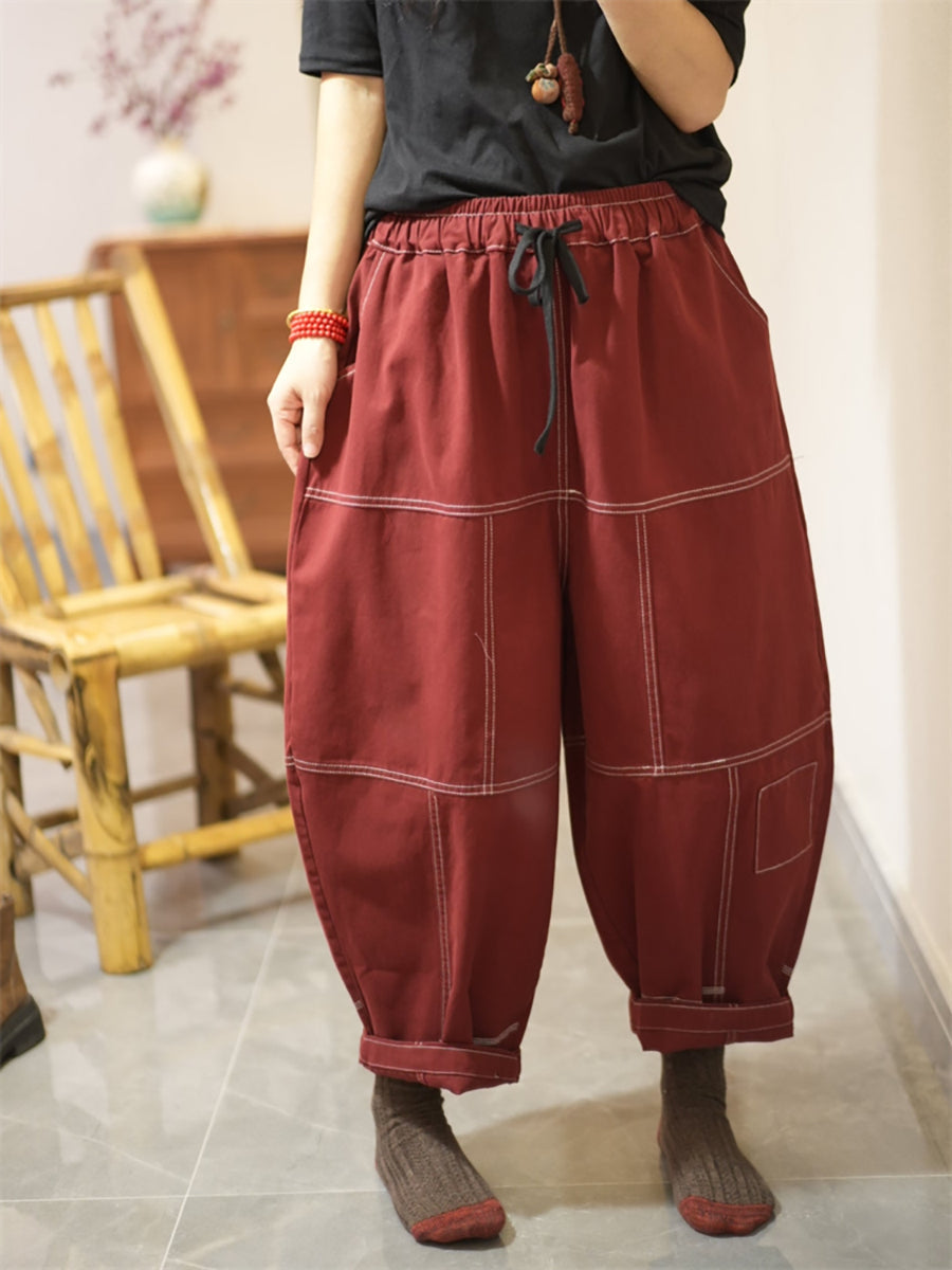 Women Autumn Pure Color Spliced Cotton Bloomers