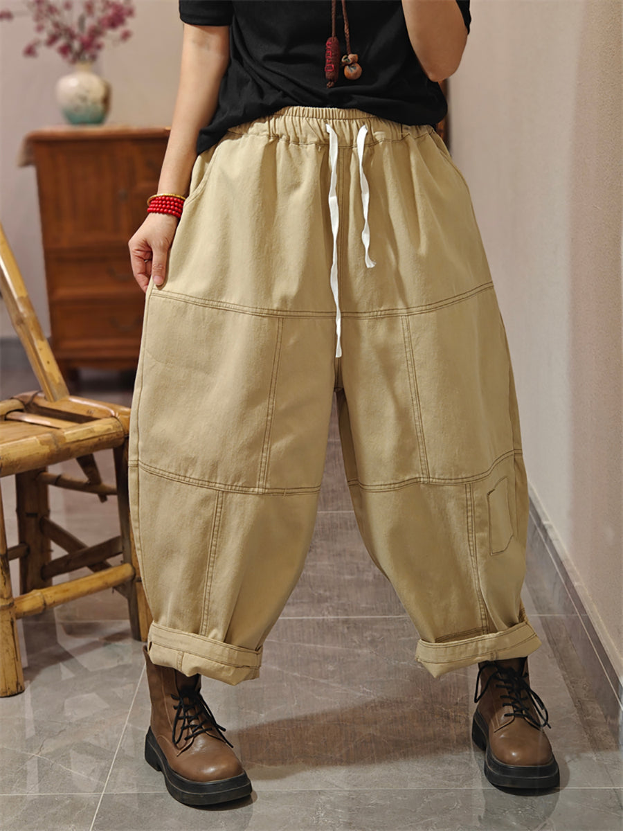 Women Autumn Pure Color Spliced Cotton Bloomers
