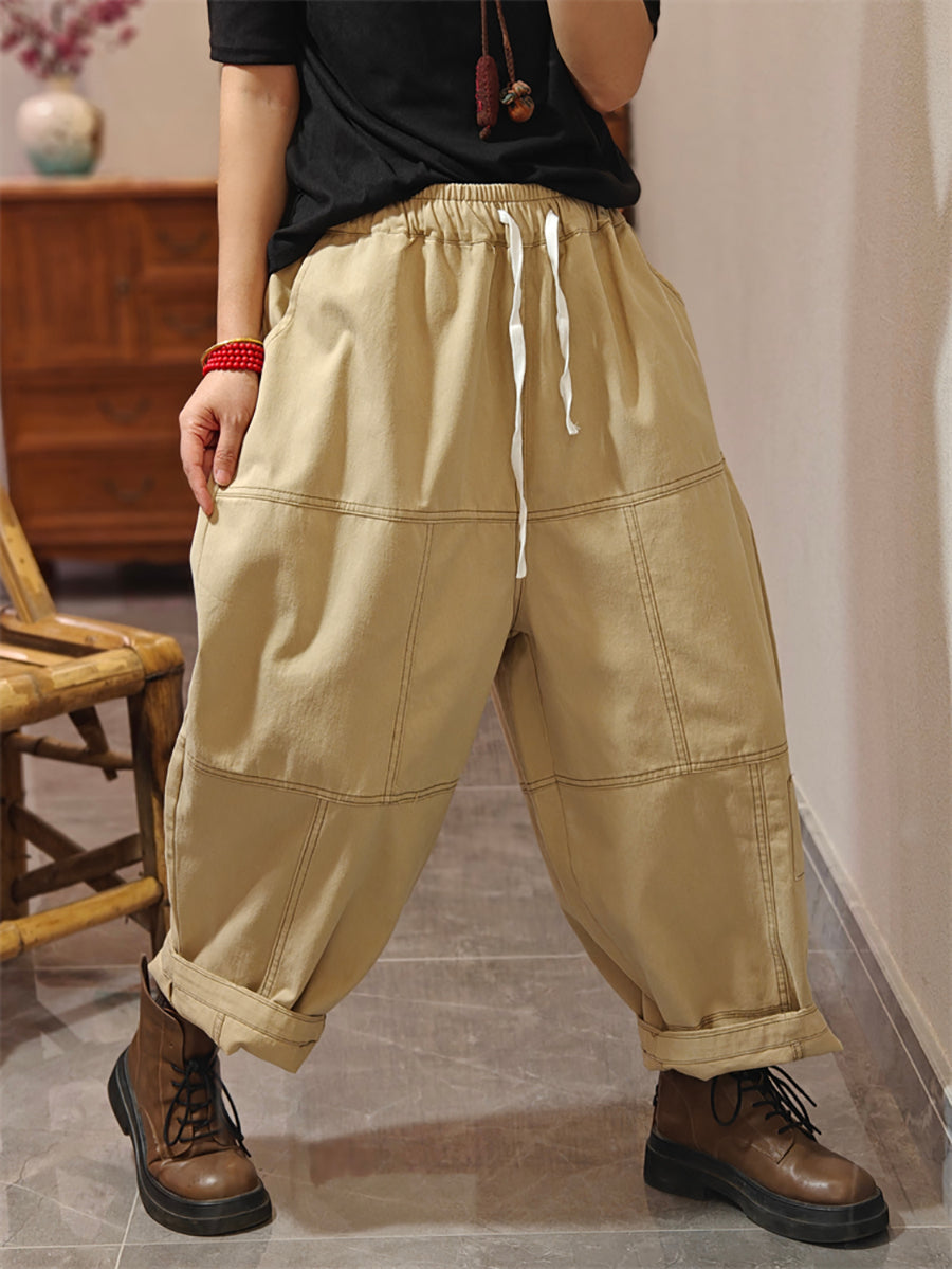 Women Autumn Pure Color Spliced Cotton Bloomers