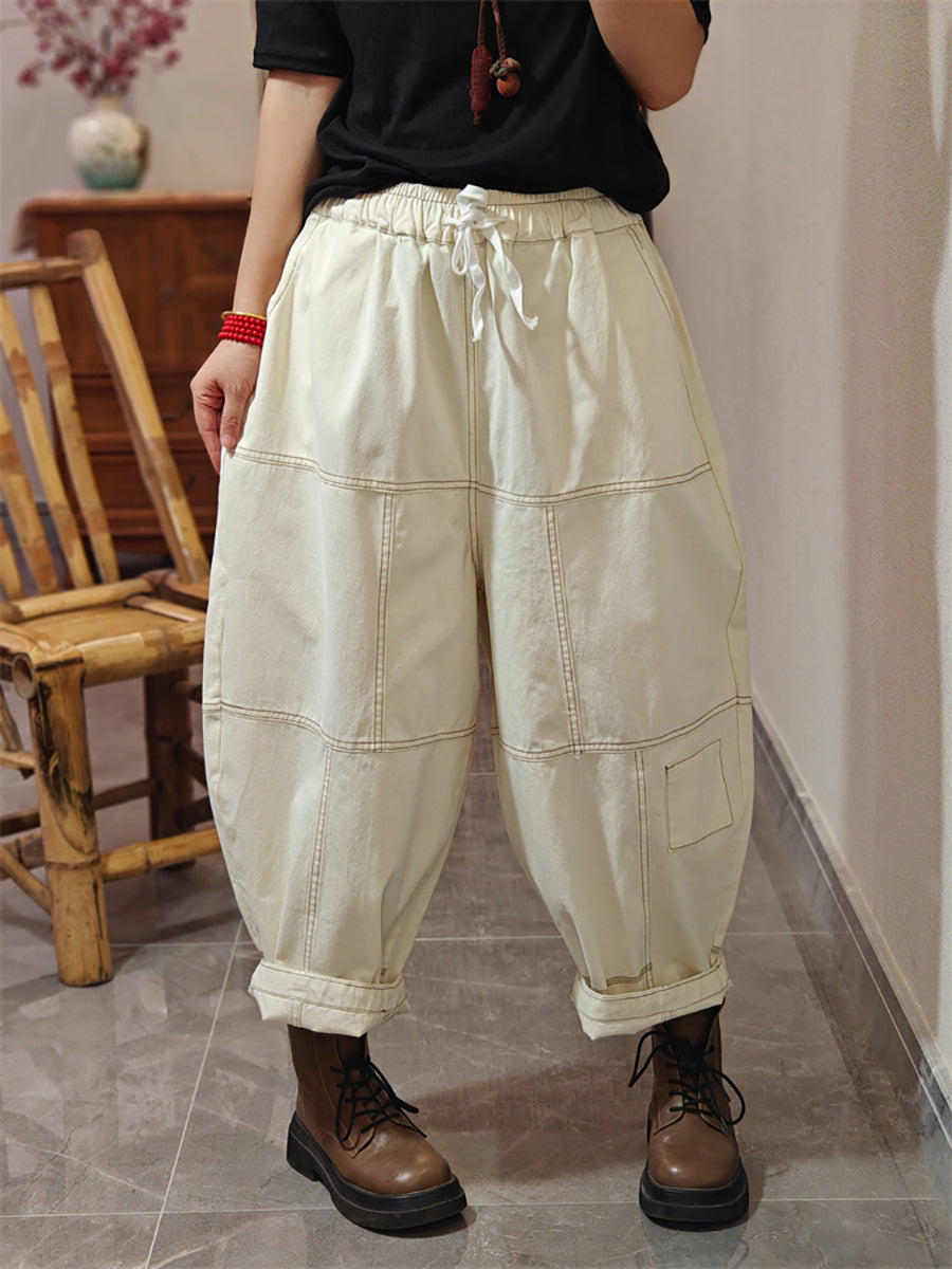 Women Autumn Pure Color Spliced Cotton Bloomers