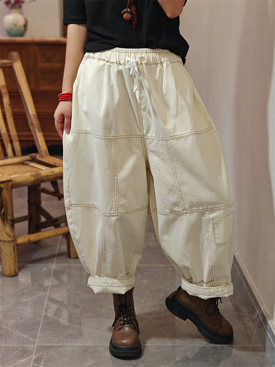 Women Autumn Pure Color Spliced Cotton Bloomers