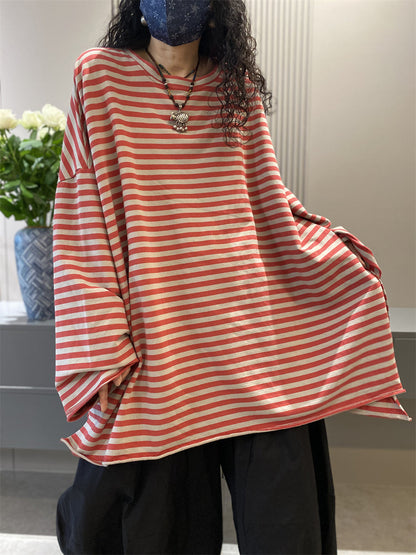 Women Autumn Casual Stripe Cotton O-Neck Shirt