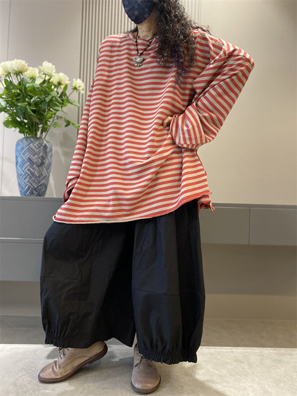 Women Autumn Casual Stripe Cotton O-Neck Shirt