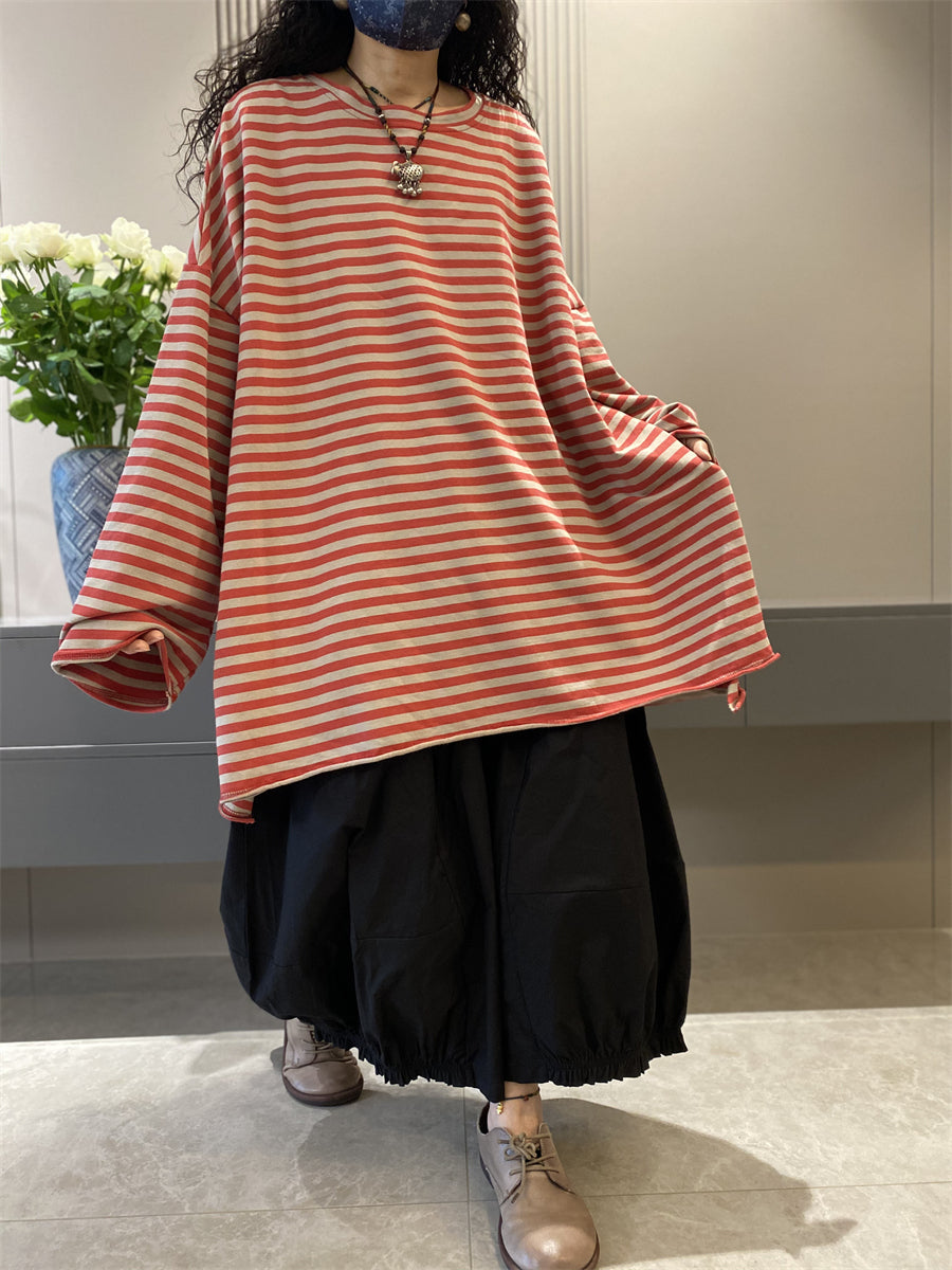 Women Autumn Casual Stripe Cotton O-Neck Shirt