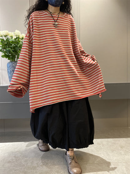 Women Autumn Casual Stripe Cotton O-Neck Shirt