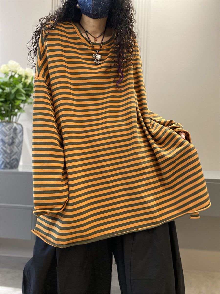Women Autumn Casual Stripe Cotton O-Neck Shirt