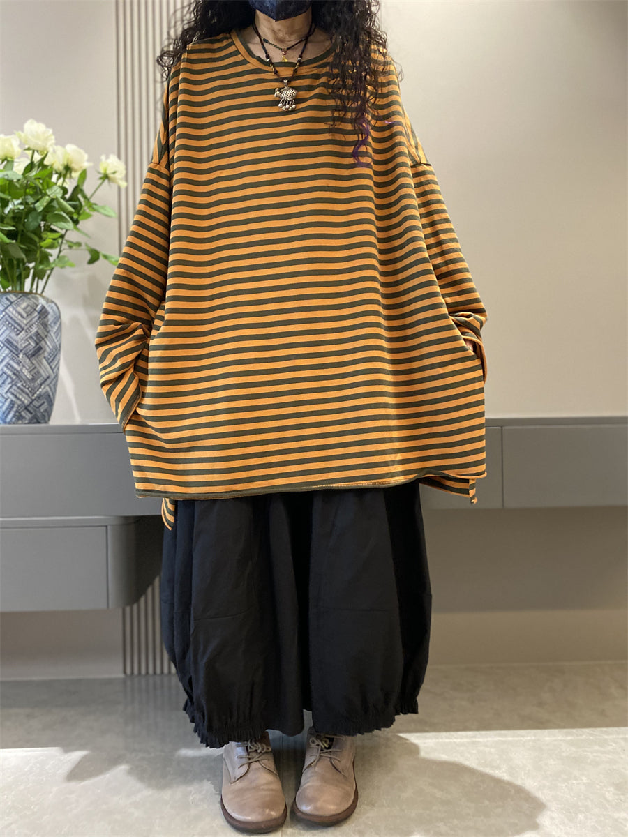 Women Autumn Casual Stripe Cotton O-Neck Shirt