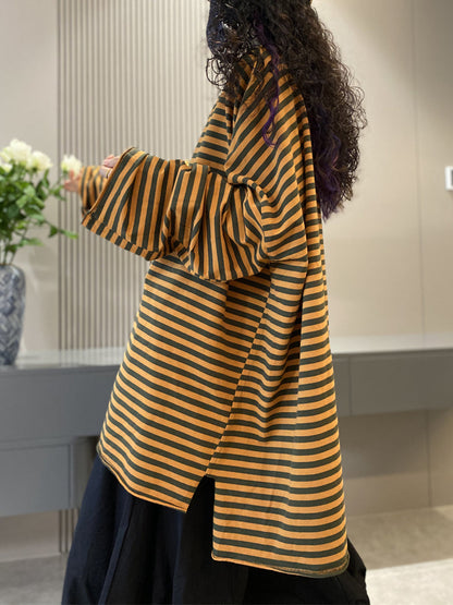 Women Autumn Casual Stripe Cotton O-Neck Shirt