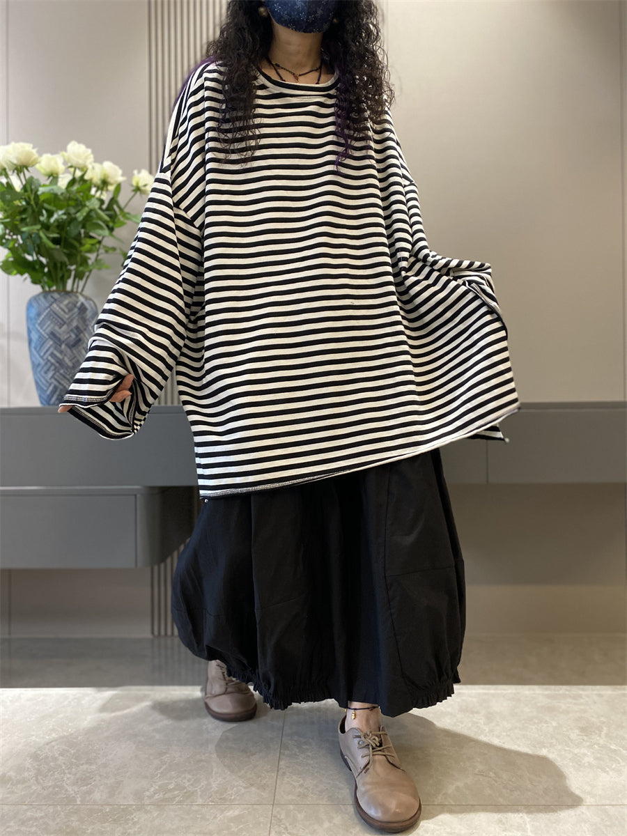 Women Autumn Casual Stripe Cotton O-Neck Shirt