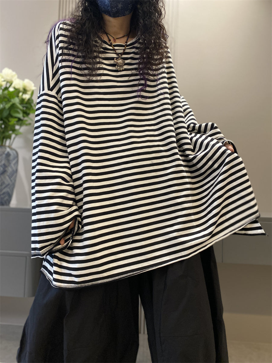 Women Autumn Casual Stripe Cotton O-Neck Shirt