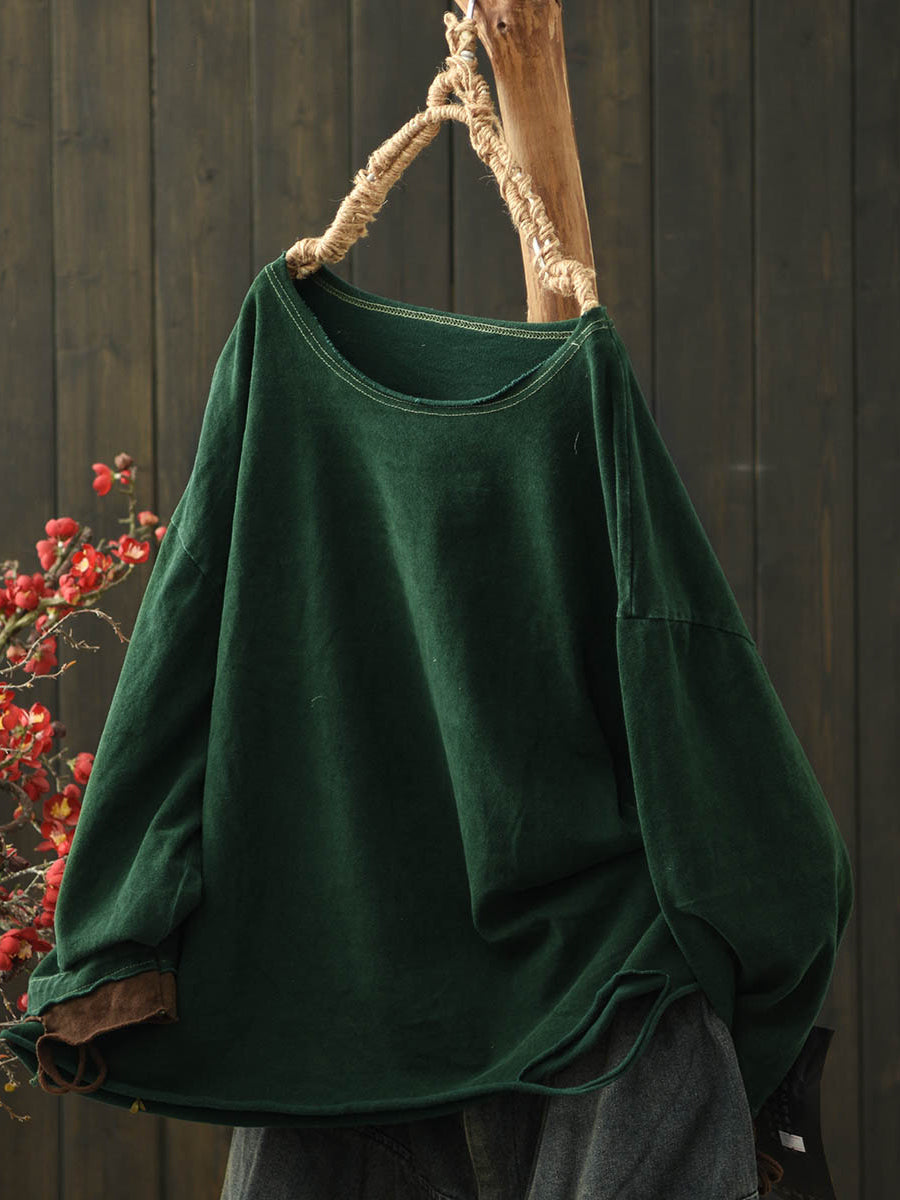 Women Retro Autumn Pure Color O-Neck Cotton Blouse