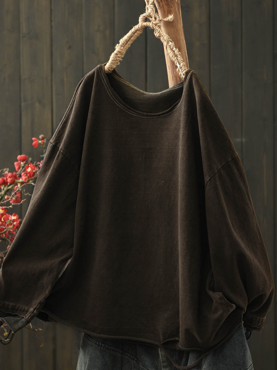 Women Retro Autumn Pure Color O-Neck Cotton Blouse