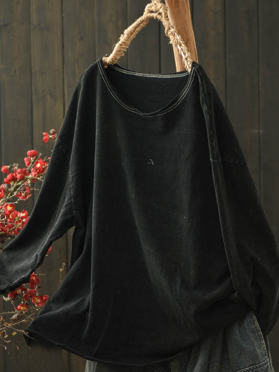 Women Retro Autumn Pure Color O-Neck Cotton Blouse