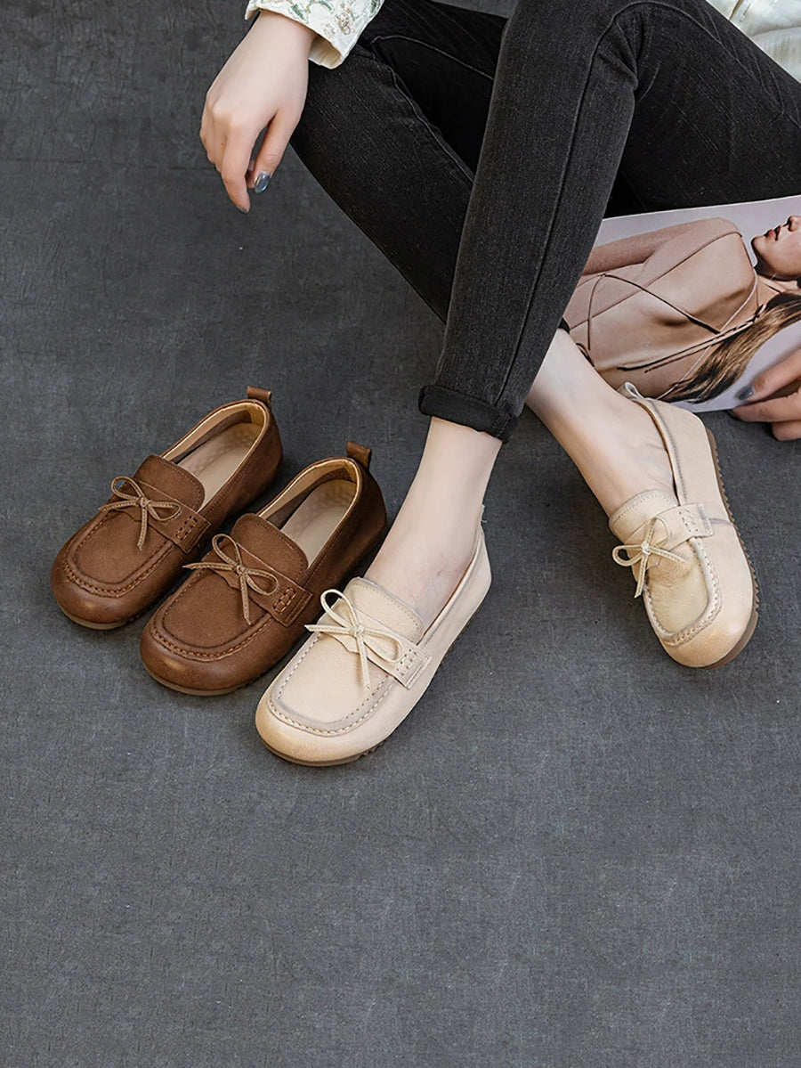 Women Retro Genuine Leather Pure Color Flat Shoes