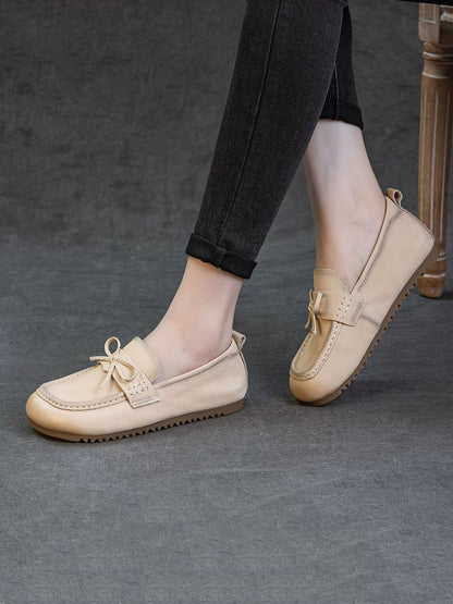 Women Retro Genuine Leather Pure Color Flat Shoes