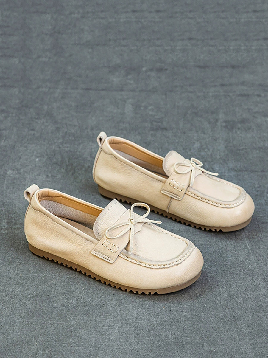 Women Retro Genuine Leather Pure Color Flat Shoes