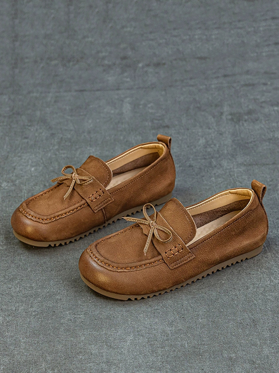 Women Retro Genuine Leather Pure Color Flat Shoes