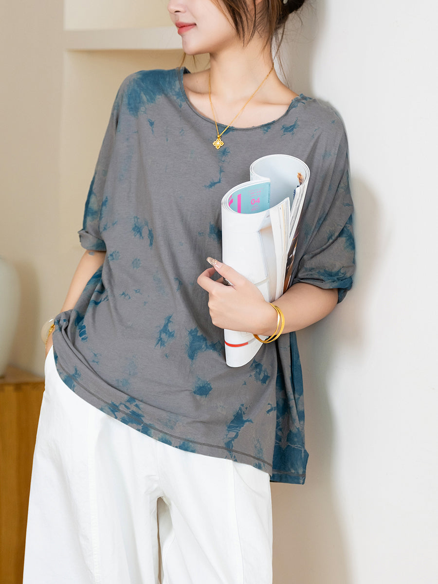 Women Autumn Artsy Tie-dye 100%Cotton O-Neck Shirt