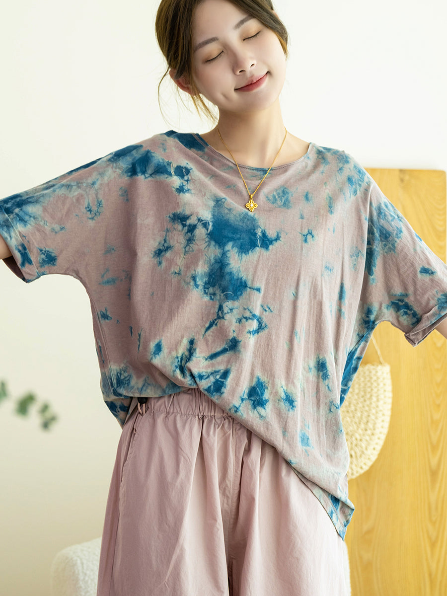 Women Autumn Artsy Tie-dye 100%Cotton O-Neck Shirt