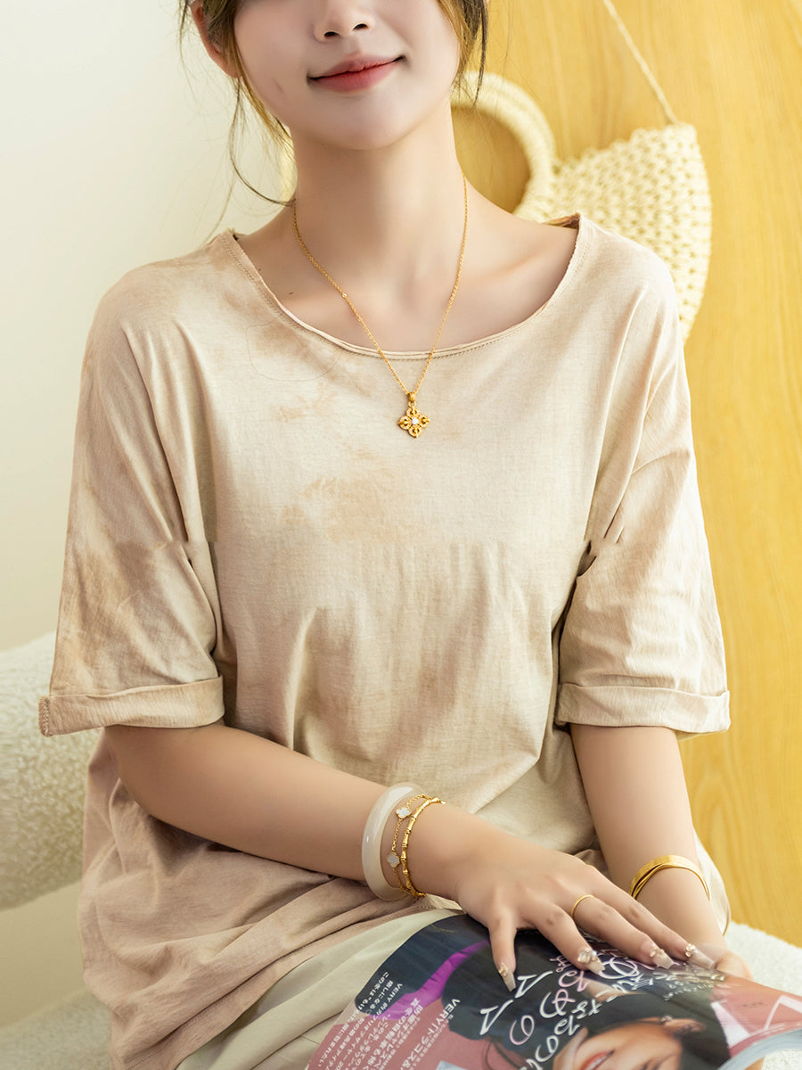 Women Autumn Artsy Tie-dye 100%Cotton O-Neck Shirt