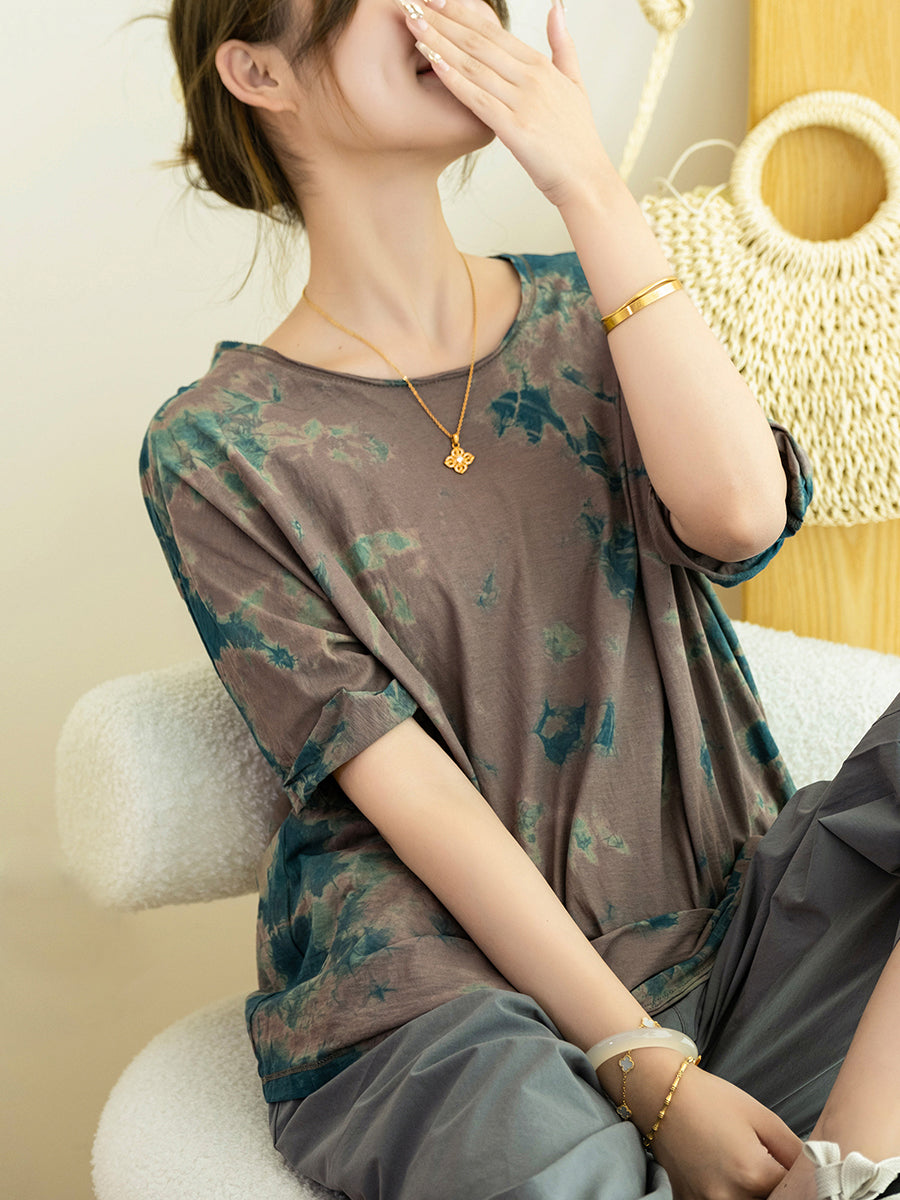 Women Autumn Artsy Tie-dye 100%Cotton O-Neck Shirt