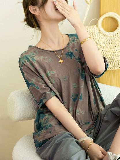 Women Autumn Artsy Tie-dye 100%Cotton O-Neck Shirt