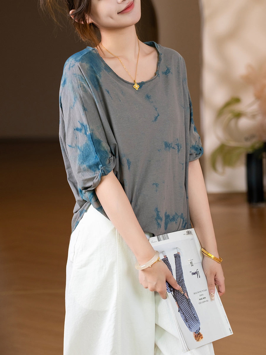 Women Autumn Artsy Tie-dye 100%Cotton O-Neck Shirt