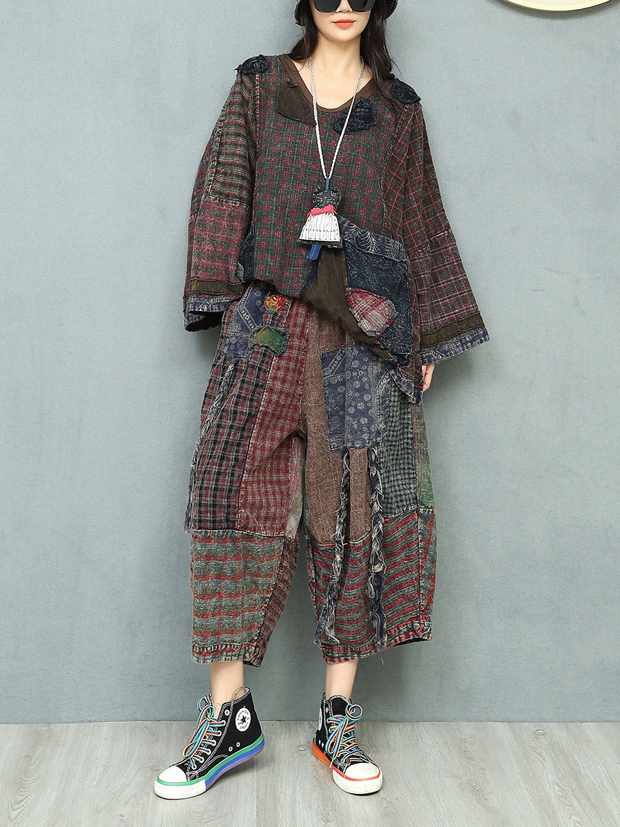 Women Autumn Retro Patchwork V-Neck Loose Cotton Suits