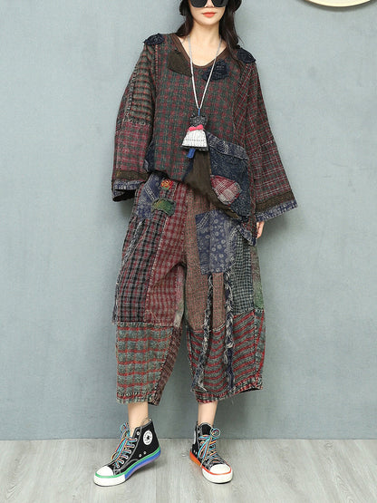 Women Autumn Retro Patchwork V-Neck Loose Cotton Suits