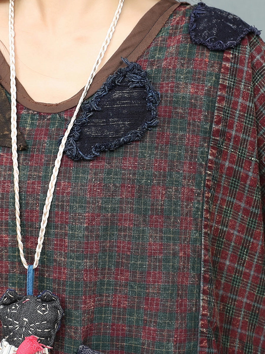 Women Autumn Retro Patchwork V-Neck Loose Cotton Suits