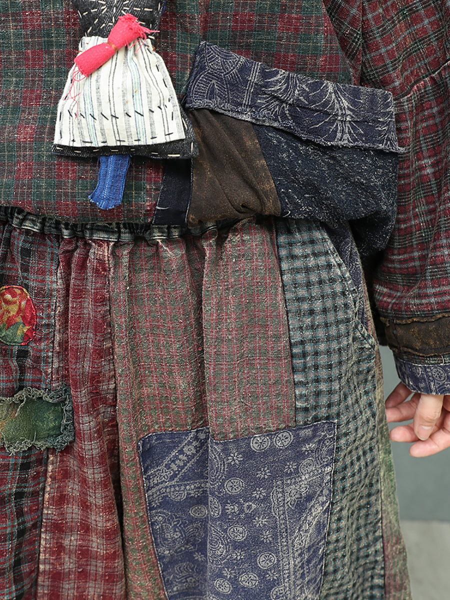 Women Autumn Retro Patchwork V-Neck Loose Cotton Suits