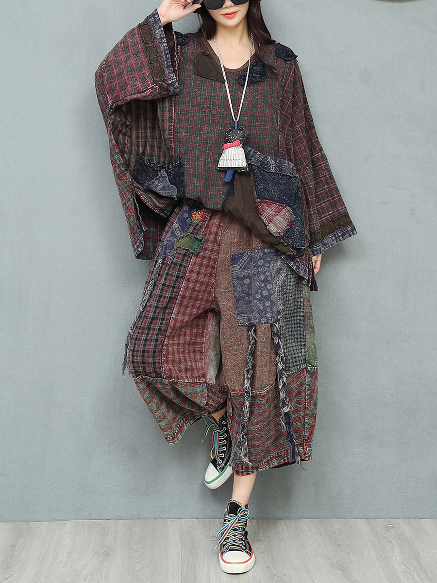 Women Autumn Retro Patchwork V-Neck Loose Cotton Suits