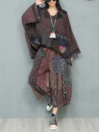 Women Autumn Retro Patchwork V-Neck Loose Cotton Suits