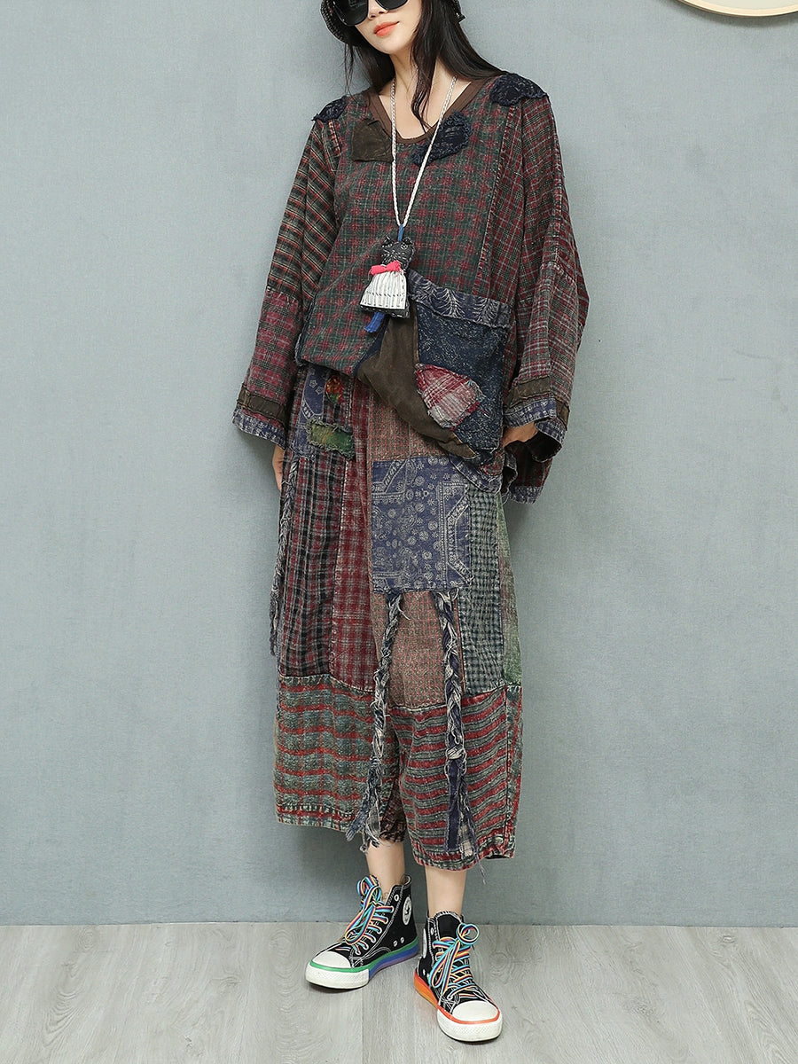 Women Autumn Retro Patchwork V-Neck Loose Cotton Suits