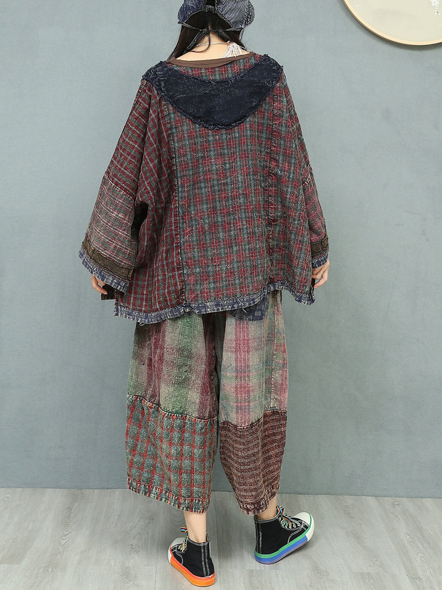 Women Autumn Retro Patchwork V-Neck Loose Cotton Suits