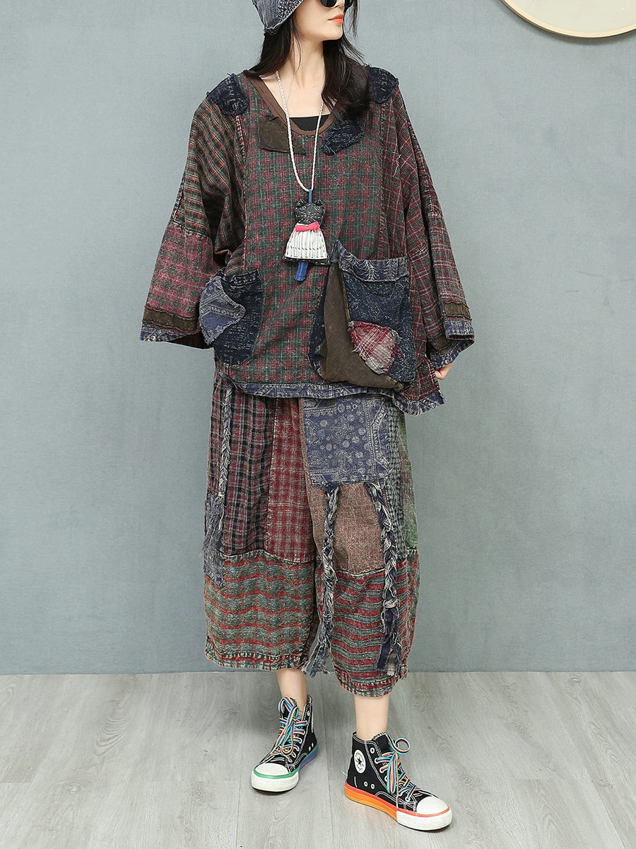 Women Autumn Retro Patchwork V-Neck Loose Cotton Suits