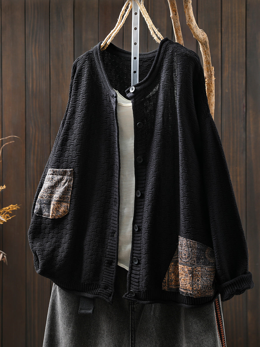 Women Autumn Artsy Spliced O-Neck Knitted Blouse