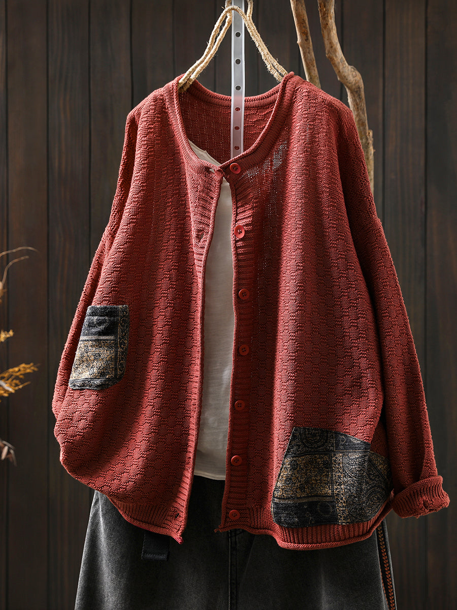 Women Autumn Artsy Spliced O-Neck Knitted Blouse