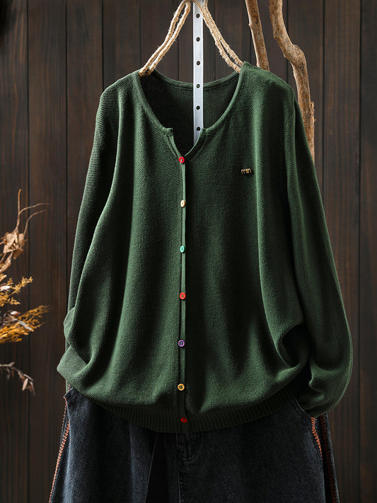 Women Autumn Artsy Colorful Button V-Neck Knitted Blouse