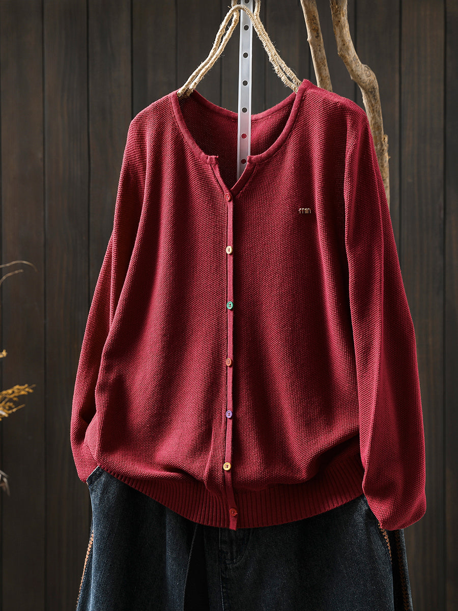 Women Autumn Artsy Colorful Button V-Neck Knitted Blouse