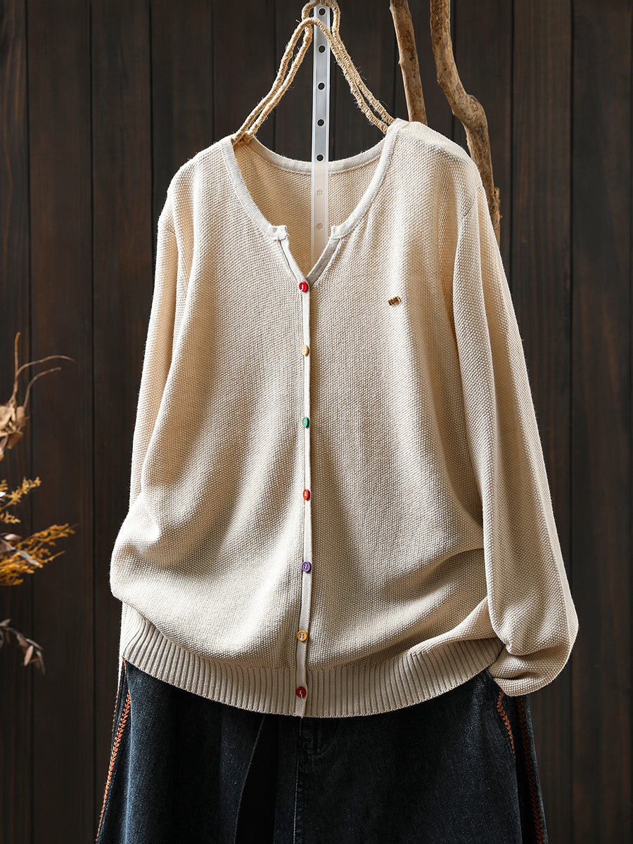 Women Autumn Artsy Colorful Button V-Neck Knitted Blouse