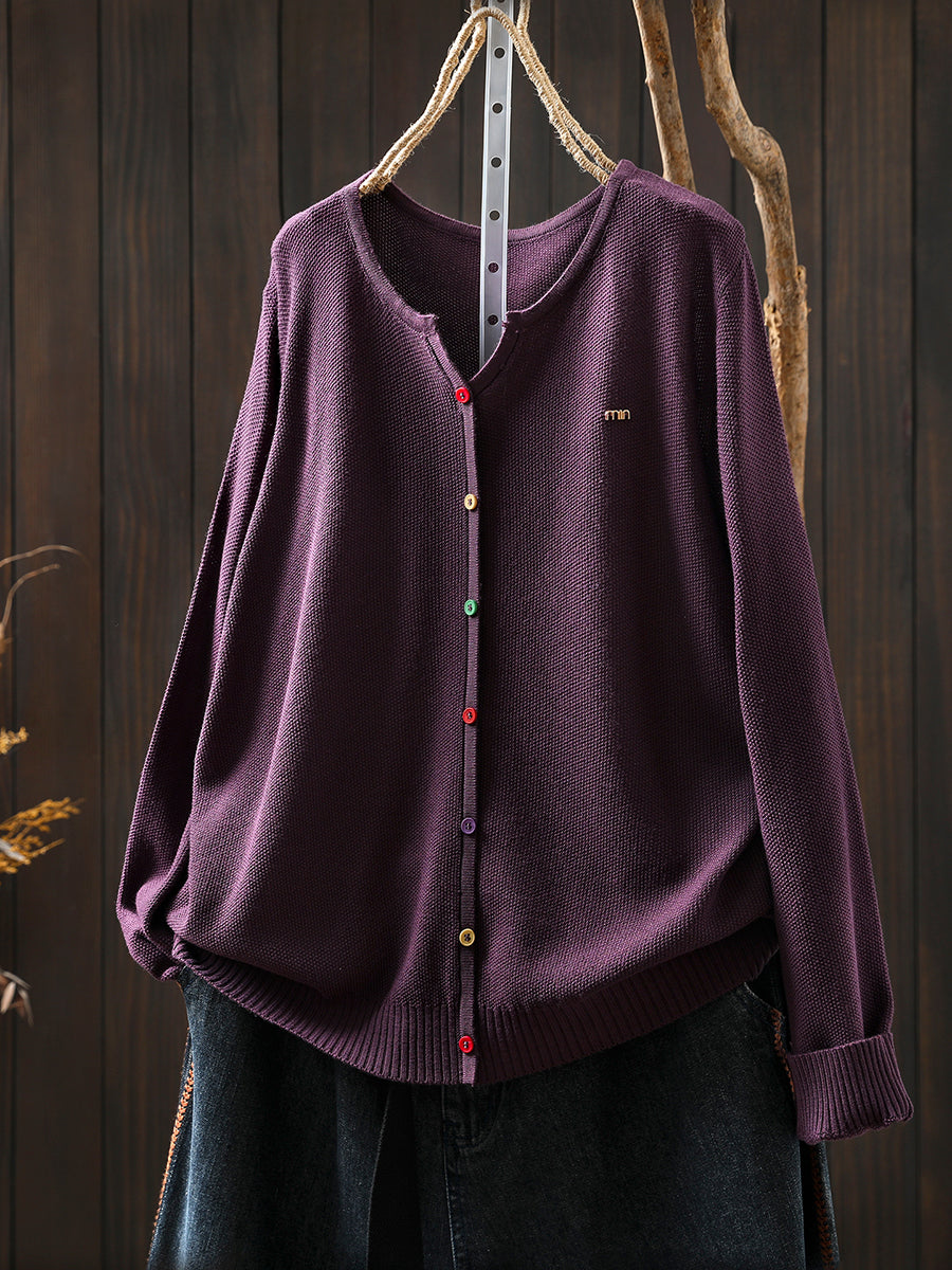 Women Autumn Artsy Colorful Button V-Neck Knitted Blouse