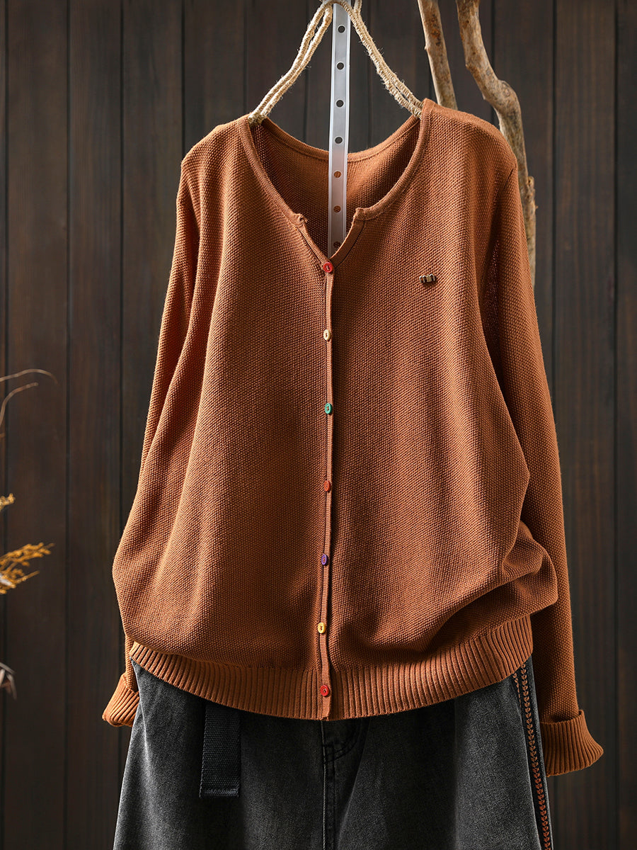 Women Autumn Artsy Colorful Button V-Neck Knitted Blouse