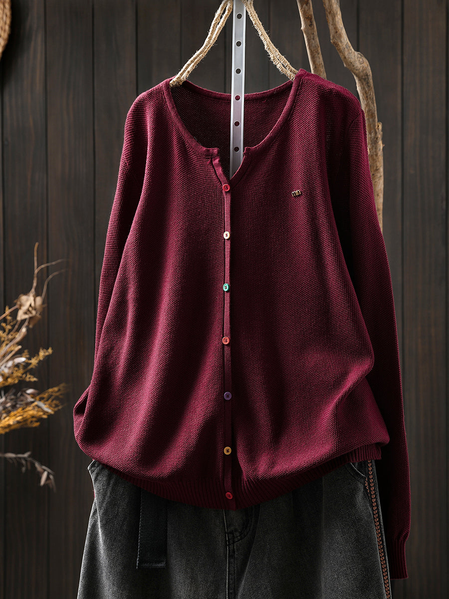 Women Autumn Artsy Colorful Button V-Neck Knitted Blouse