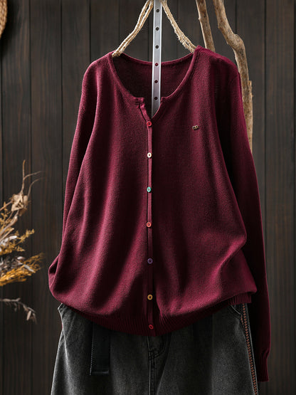 Women Autumn Artsy Colorful Button V-Neck Knitted Blouse
