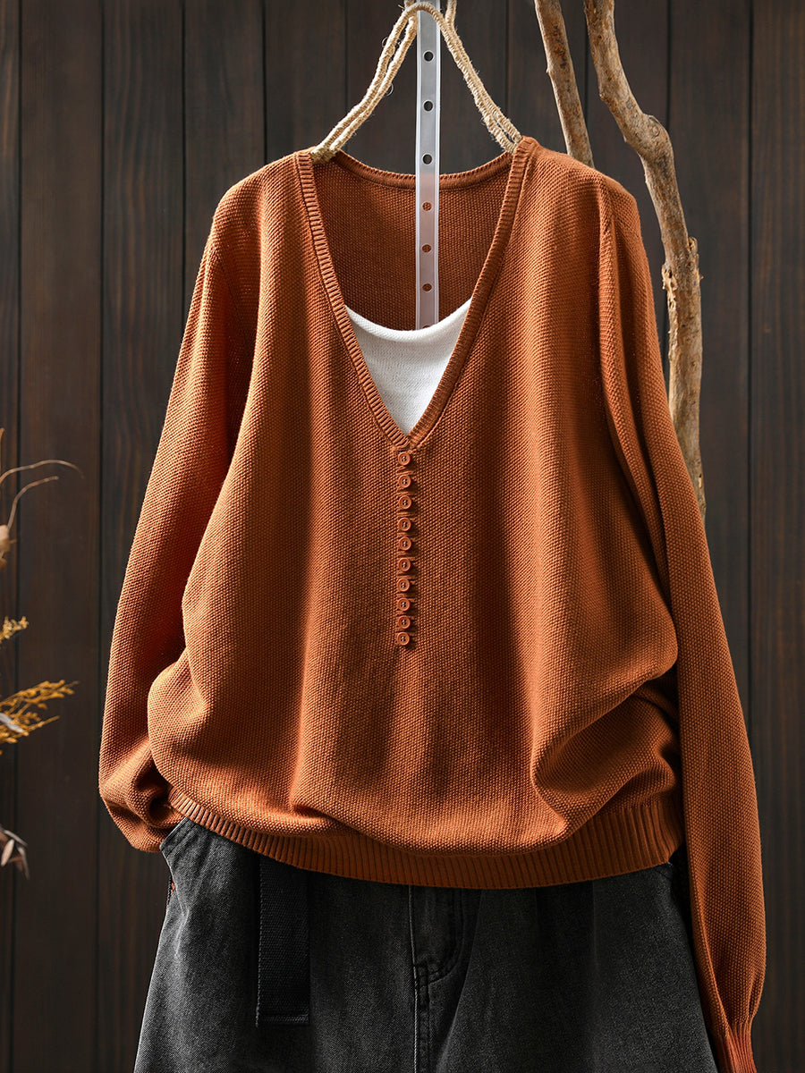 Women Autumn Colorblock Fake Two Knitted V-Neck Blouse